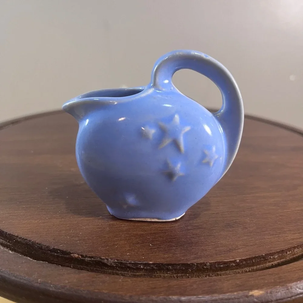 Vtg Shawnee Pottery Blue Ceramic Mini Pitcher Embossed Stars Celestial 2.75